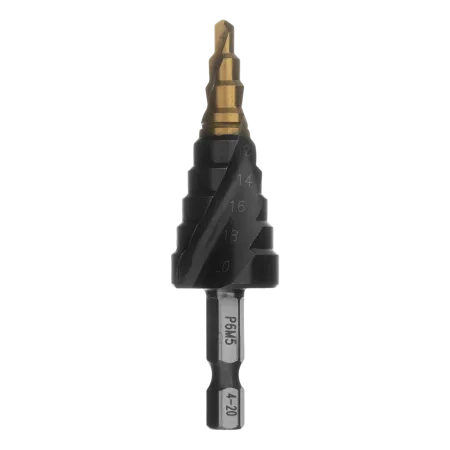 Сверло ступенчатое DENZEL 4-6-8-10-12-14-16-18-20 мм, Р6М5, 6-гр. хвостовик