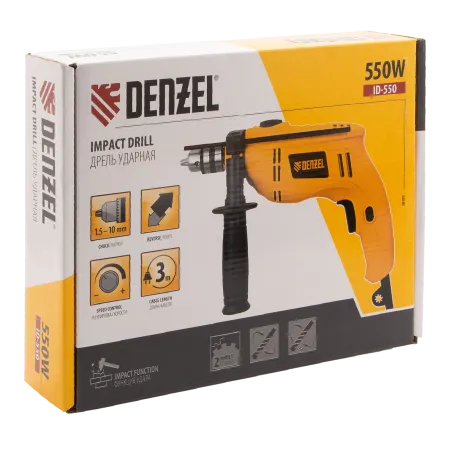 Ударная дрель DENZEL ID-550, 550 Вт, 0-2900 об/мин, 46400 уд/мин