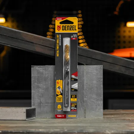 Сверло спиральное по металлу DENZEL 11 x 142 мм, Р6М5, Golden Tip, многогранная заточка