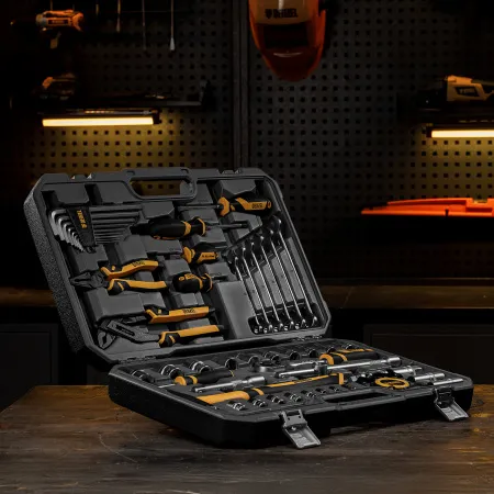 Набор инструментов DENZEL 1/2", 1/4", CrV, S2, пластиковый кейс, 64 предмета