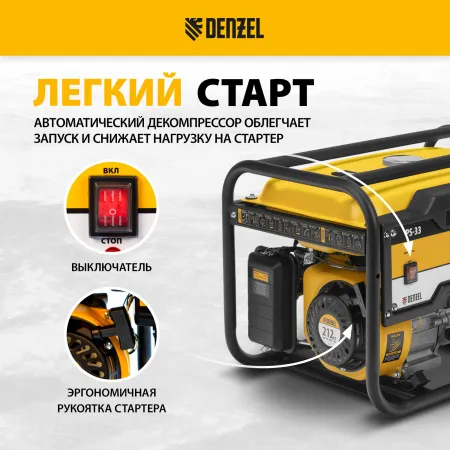 Генератор бензиновый DENZEL PS 33, 3.3 кВт, 230 В, 15 л, ручной старт