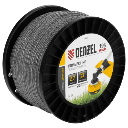 Леска для триммера DENZEL двухкомпонентная витой квадрат, 2,7мм х 196м, на DIN катушке EXTRA CORD