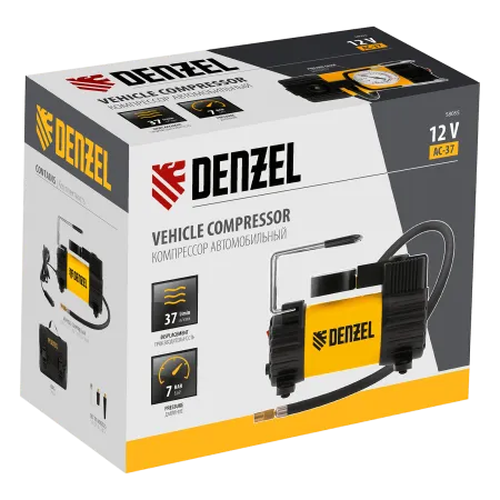 Автомобильный компрессор DENZEL AC-37, 12В, 7 атм, 37 л/мин, предохранитель