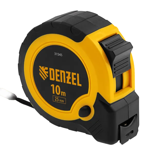 Рулетка DENZEL 10м х 25мм, двухкомп. корпус, кнопка-пауза