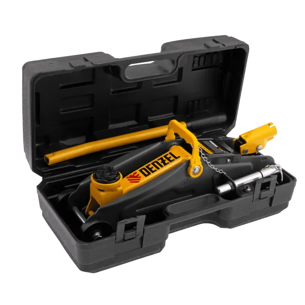 Домкрат гидравлический DENZEL подкатной с фиксатором, 2 т, 130-330 мм, в кейсе