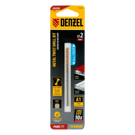 Сверло спиральное по металлу DENZEL 2 х 86 мм Р6М5, Golden Tip, удлиненное, 2шт.