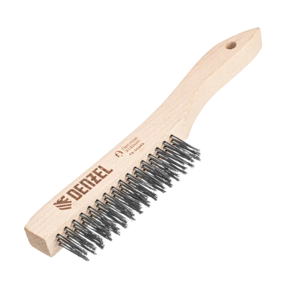 Щетка зачистная 3-х рядная DENZEL, прямая проволока из нержавеющей стали с деревянной ручкой, EFP