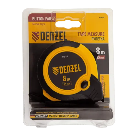 Рулетка DENZEL 8м х 25мм, двухкомп. корпус, кнопка-пауза