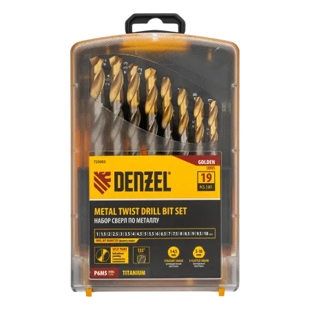 Набор сверл по металлу DENZEL, 1-10 мм, Р6М5-TiN, Golden Tip, 19 шт