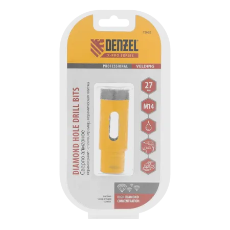 Сверло алмазное по керамограниту DENZEL, 27 мм, М14, мокрая резка