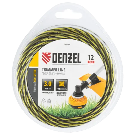 Леска для триммера DENZEL двухкомпонентная витая квадратная, 3,0мм х 12м, блистер SkyCutter