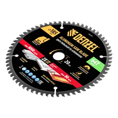 Пильный диск по алюминию DENZEL ф185 х 20 мм, 64 зубьев