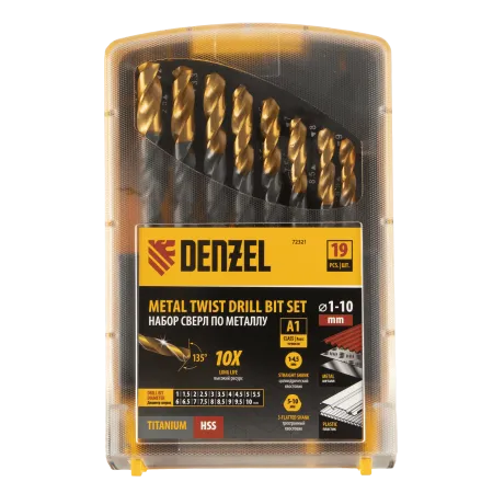 Набор сверл по металлу DENZEL 1-10 мм, HSS-Tin, Golden Tip, 19 шт