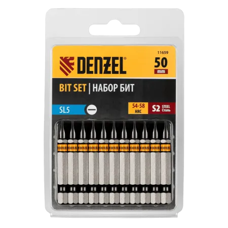 Бита DENZEL SL5,0х50, сталь S2, шестигранный профиль, 10 шт. Е 6,3