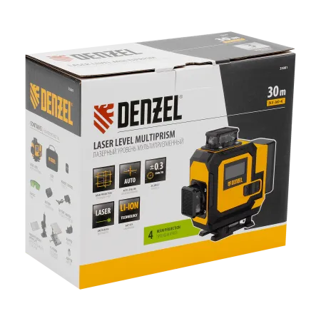 Лазерный уровень мультипризменный DENZEL DLV-360-4C, 30 м, зеленый луч, Li-Ion 2,4 Aч, кейс