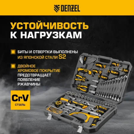 Набор инструментов DENZEL 1/2", 1/4", CrV, S2, пластиковый кейс, 100 предметов