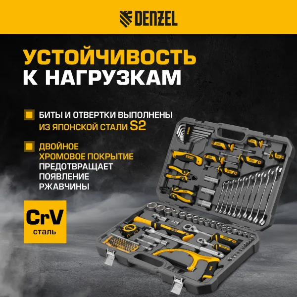Набор инструментов DENZEL 1/2", 1/4", CrV, S2, пластиковый кейс, 100 предметов