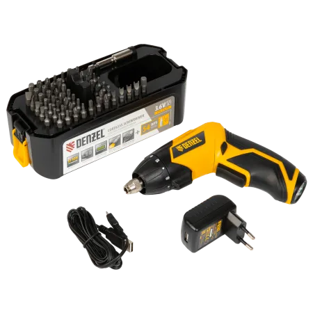 Отвертка DENZEL CSL-3.6-01, с аккумулятором 3.6 В Li-Ion, 1.3 Ач, 200 об/мин, с аксессуарами