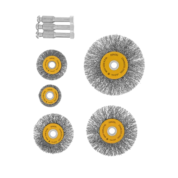 Набор щеток для дрели DENZEL, 5 Плоских 25-38-50-63-75 мм, шпилька, нерж. вит. проволока