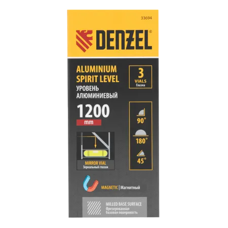 Уровень алюминиевый DENZEL магнит., фрезерованный, 3 глазка (1 зеркал.), 0,5 мм/м, 1200 мм