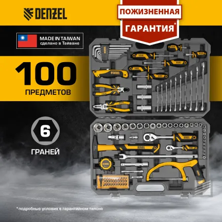 Набор инструментов DENZEL 1/2", 1/4", CrV, S2, пластиковый кейс, 100 предметов