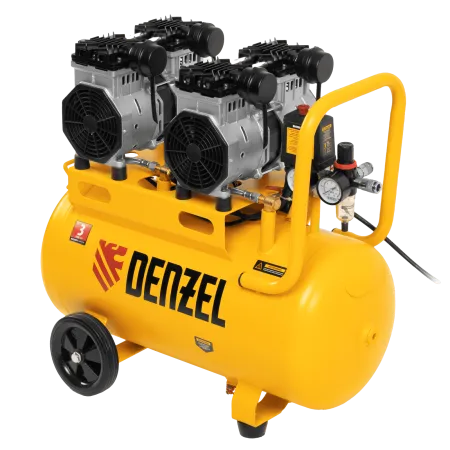 Компрессор безмасляный, малошумный DENZEL DLS 2200/50, 2200 Вт, 2x1100, 50 л, 380 л/мин