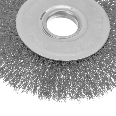 Щетка для УШМ DENZEL 746563, 125 мм, «плоская», витая нержавеющая проволока 0.3 мм, посадка 22.2 мм