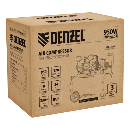 Компрессор безмасл. малошумный DENZEL DLP-950/24, 950Вт,24 л, 2850 об/мин, 170 л/мин