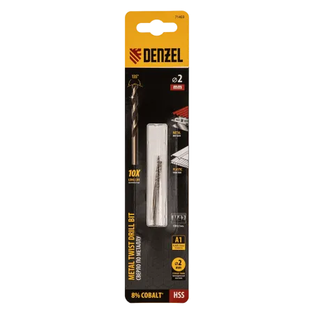 Сверло по металлу DENZEL 2 мм, HSS Co-8%, 2 шт.