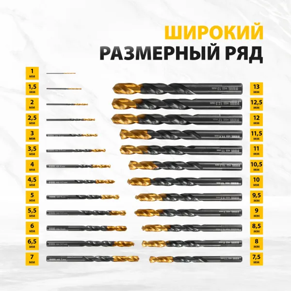 Набор сверл по металлу DENZEL 1-13 мм, HSS-Tin, Golden Tip, 25 шт