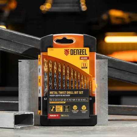 Набор сверл по металлу DENZEL, 1,5-6,5мм, Р6М5К8-TiN, Golden Tip, 13 шт