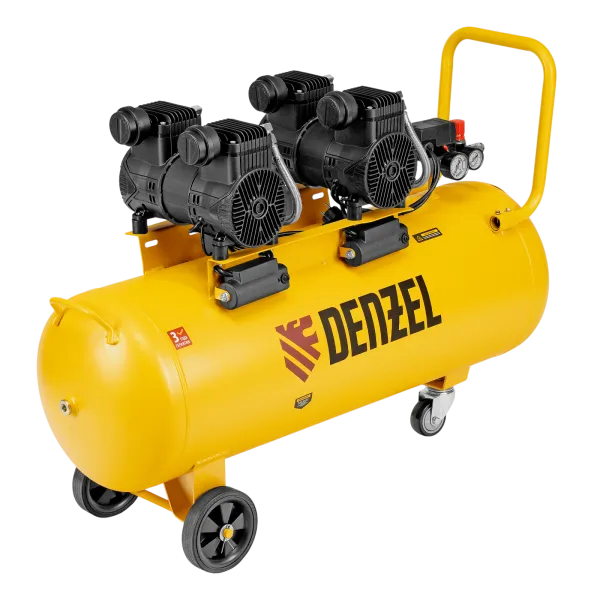 Компрессор безмасл. малошумный DENZEL DLP-3000/100, 3 кВт, 2х1,5 кВт,100 л, 2850 об/мин,500 л/мин