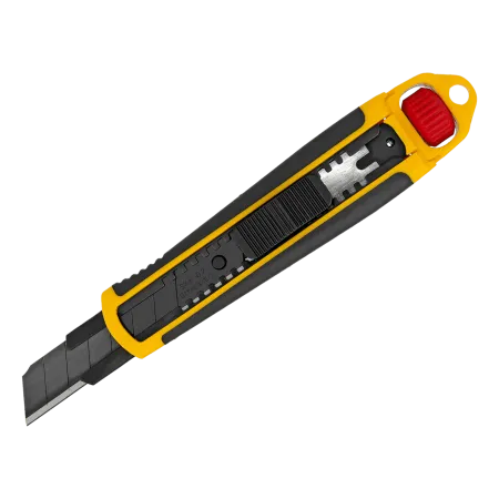 Нож DENZEL 18 мм, сменное лезвие, SK4, корпус из ABS + TPR, торцевой зажим