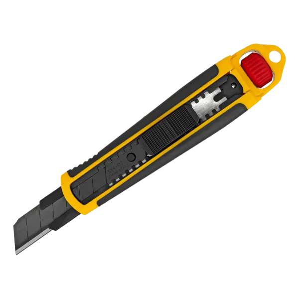 Нож DENZEL 18 мм, сменное лезвие, SK4, корпус из ABS + TPR, торцевой зажим