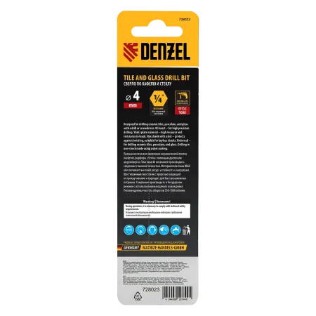 Сверло по керамической плитке DENZEL 4 мм, крестовая пластина, шестигранный хвостовик