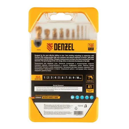 Набор сверл по металлу DENZEL 1-10 мм, HSS-Tin, Golden Tip, 10 шт