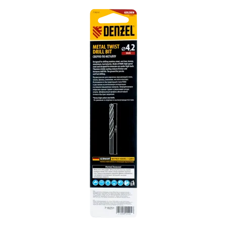 Сверло спиральное по металлу DENZEL 4,2 х 119 мм, Р6М5, Golden Tip, удлиненное