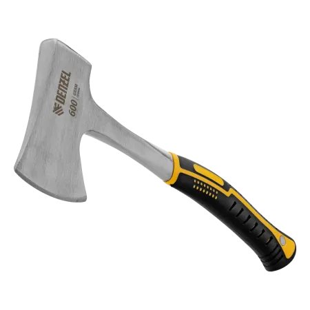 Топор цельнометаллический DENZEL, 600 г, двухкомпонентная обрезиненная рукоятка, изогнутый хват
