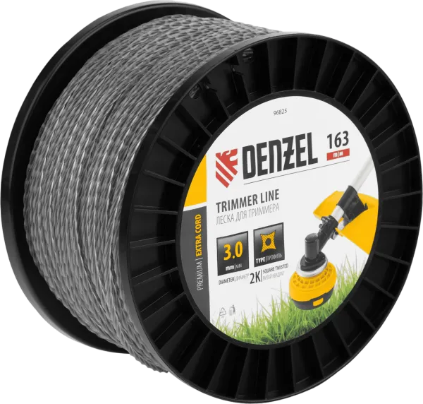 Леска для триммера DENZEL двухкомпонентная витой квадрат, 3,0мм х 163м, на DIN катушке EXTRA CORD