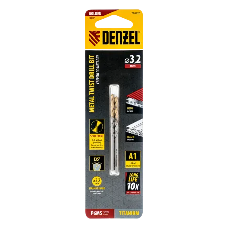 Сверло спиральное по металлу DENZEL 3,2 x 65 мм, Р6М5, Golden Tip, 2шт.
