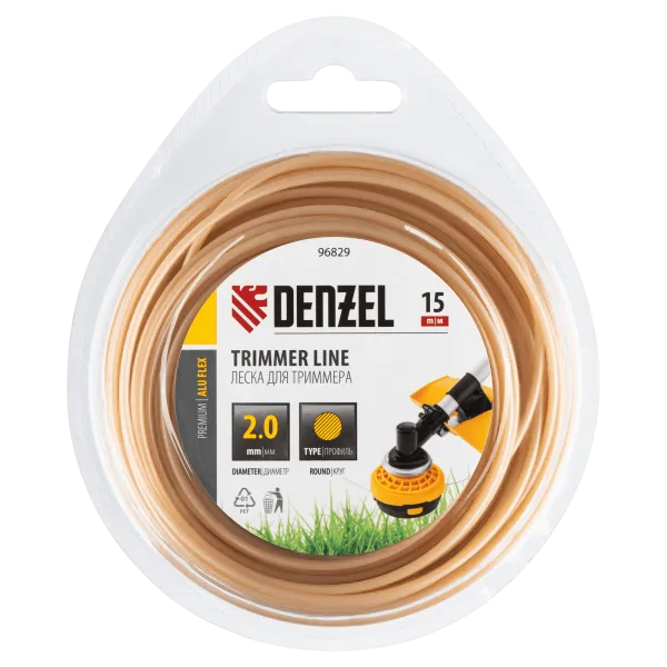 Леска для триммера DENZEL армированная алюминием круглая, 2,0мм х 15м, блистер ALUFLEX
