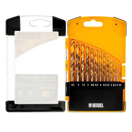 Набор сверл по металлу DENZEL, 1,5-6,5мм, Р6М5К8-TiN, Golden Tip, 13 шт
