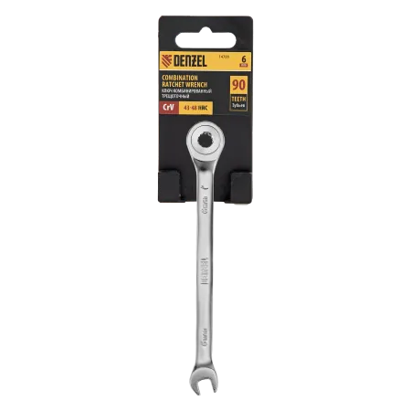Ключ комбинированный трещоточный DENZEL, 6 мм, CrV, матовый хром