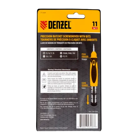 Отвертка реверсивная DENZEL механизм SmartPush mini 11 шт, CrMo