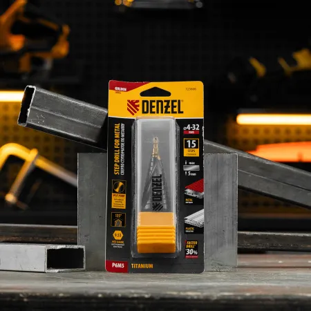 Сверло ступенчатое DENZEL, 4-6-8-10-12-14-16-18-20-22-24-26-28-30-32 мм, Р6М5, 6-гр. хвостовик