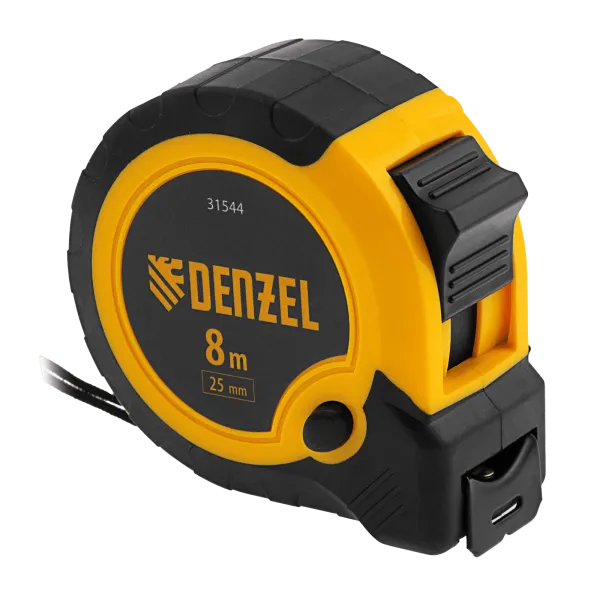Рулетка DENZEL 8м х 25мм, двухкомп. корпус, кнопка-пауза