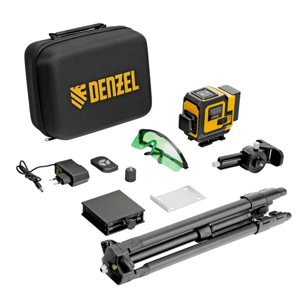 Лазерный уровень мультипризменный DENZEL DLV-360-3T, 30 м, зеленый луч, Li-Ion 2,4 Aч, штатив