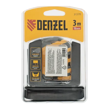Рулетка DENZEL 3м x 16 мм, двухсторонний зацеп, нейлон, двуст. шкала, автоматич