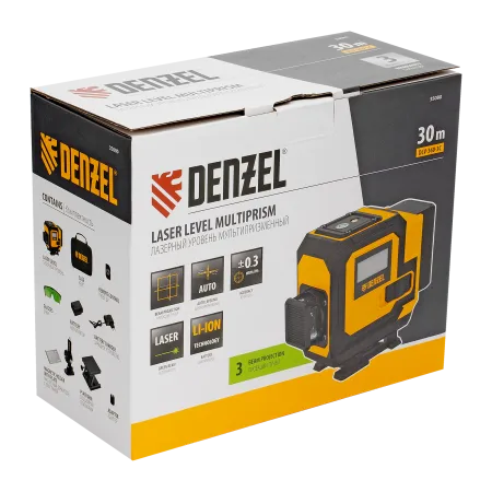 Лазерный уровень мультипризменный DENZEL DLV-360-3C, 30 м, зеленый луч, Li-Ion 2,4 Aч, кейс