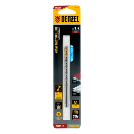 Сверло спиральное по металлу DENZEL 3,5 х 112 мм, Р6М5, Golden Tip, удлиненное, 2шт.